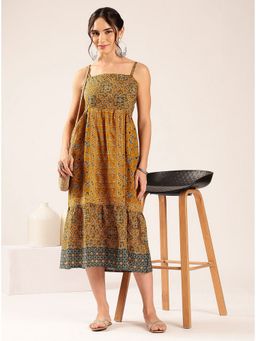 Vbuyz - Mustard Geometric Print Flared Cotton Dress