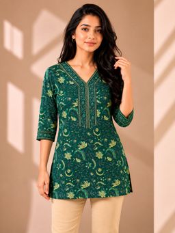 Vbuyz - Women'S Teal Green Floral A-Line Cotton Stitched Tunic
