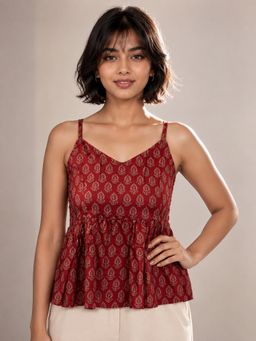 Vbuyz - Women'S Red Floral Flared Cotton Stitched Tunic