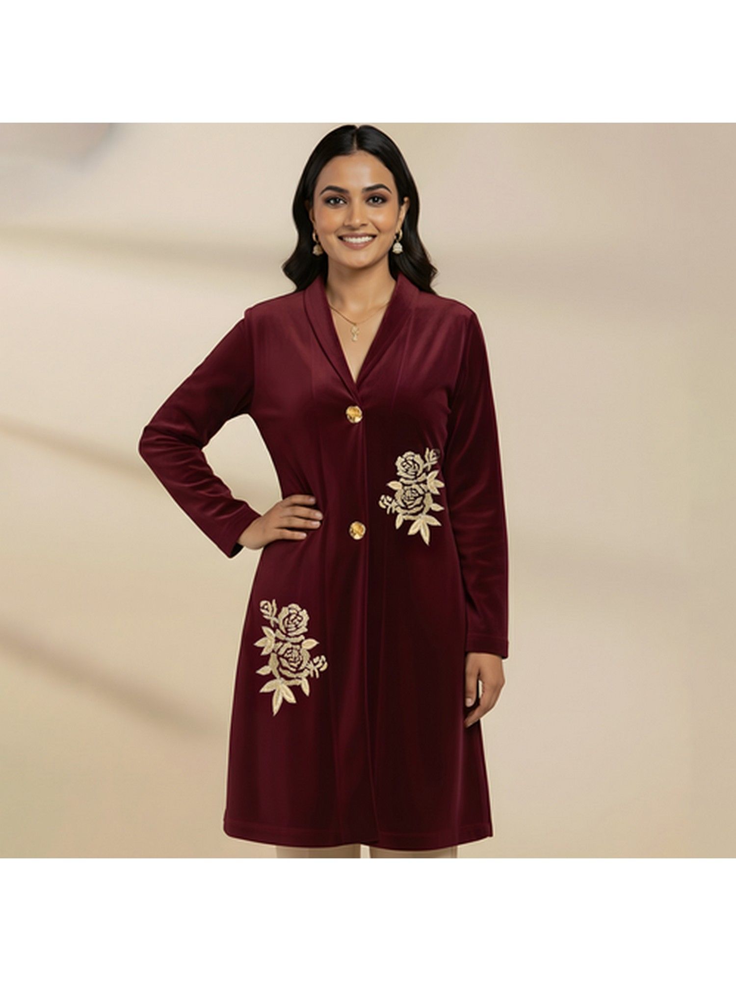 Maroon Twin Golden Roses Hand Embroidered Velvet Coat-picture-31