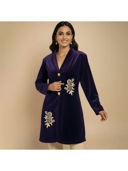 First Resort by Ramola Bachchan - Purple Twin Golden Roses Hand Embroidered Velvet Coat