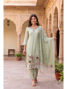 WOOMN - Pastel Embroidered Straight Kurta Set with Dupatta