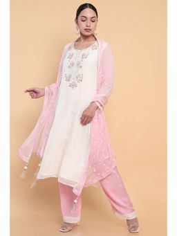 Soch - Women White Organza Embroidered Dress Material (Set of 3)