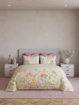 Ddecor Live Beautiful - Cotton 180TC Floral Pink Super King Bedsheet with 2 Pillow Covers & Quilt