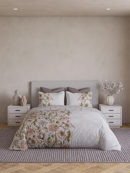 Ddecor Live Beautiful - Cotton 180TC Ethnic Grey Super King Bedsheet with 2 Pillow Covers & Quilt