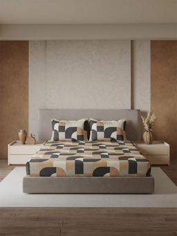 Ddecor Live Beautiful - Cotton 144TC Abstract Brown King Fitted Bedsheet & 2 Pillow Covers