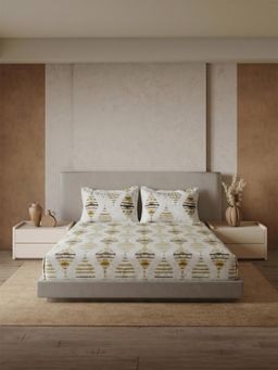 Ddecor Live Beautiful - Cotton 144TC Ethnic Yellow King Fitted Bedsheet & 2 Pillow Covers