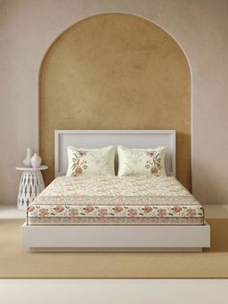 Ddecor Live Beautiful - Cotton 145TC Ethnic Beige Super King Bedsheet & 2 Pillow Covers