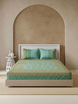 Ddecor Live Beautiful - Cotton 145TC Ethnic Green Super King Bedsheet & 2 Pillow Covers