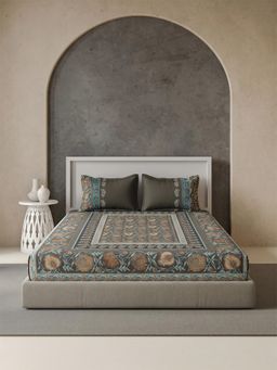 Ddecor Live Beautiful - Cotton 145TC Ethnic Grey Super King Bedsheet & 2 Pillow Covers