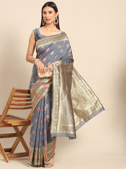 Akhilam - Womens Silk Blend Grey Woven Design Celebrity Saree with Unstitched Blouse
