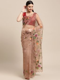 Vastranand - Brown Hand Printed Floral Party Wear Saree with Unstitched Blouse
