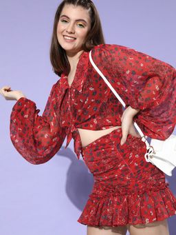 ANVI Be Yourself - Women Red & White Printed Mini Gathered A-line Skirts