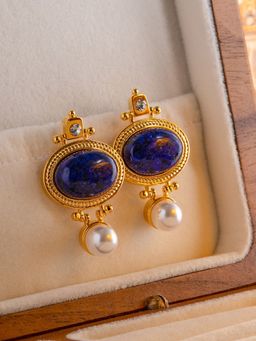 Inaya Accessories - 18Kt Gold Plated Lapis Lazuli Pearl Drop Earrings, Aminah