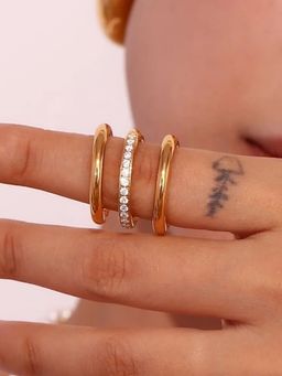 Inaya Accessories - 18Kt Gold Plated Set Of 3 Stackable Rings, Plain And Zircon Studded, Caroline
