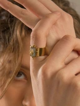 Inaya Accessories - 18Kt Gold Plated Geometric Rectangular Cubic Zirconia Open Ring, Kira