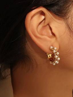 Inaya Accessories - 18Kt Gold Plated Pearl Cubic Zirconia Hollow Hoop Earrings, Mahi
