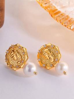 Inaya Accessories - 18Kt Gold Plated Vintage Coin Signet Pearl Drop Earrings, Meera