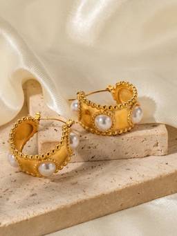 Inaya Accessories - 18Kt Gold Plated Matte Statement Pearl Hoop Earrings, Megha