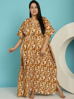 Secret Wish - Mustard Floral Cotton Plus Size Kaftan Nighty