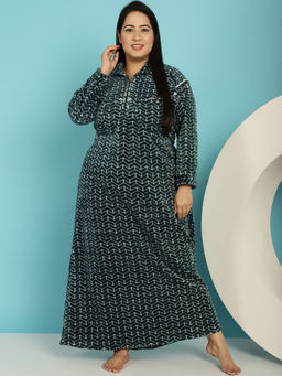 Secret Wish - Green Printed Woolen Plus Size Nighty