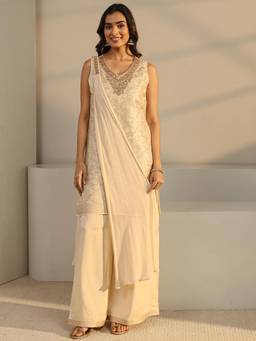 Libas - Cream Floral Kurta With Palazzo & Dupatta