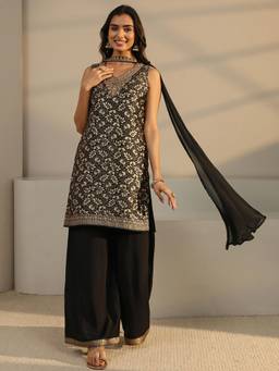 Libas - Black Floral Kurta With Palazzo & Dupatta