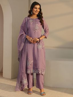 Libas - Purple Floral Embroidered Straight Kurta With Pant & Embroidered Dupatta