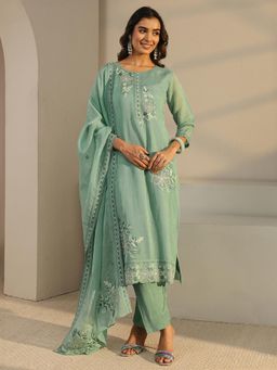 Libas - Green Floral Embroidered Straight Kurta With Pant & Embroidered Dupatta