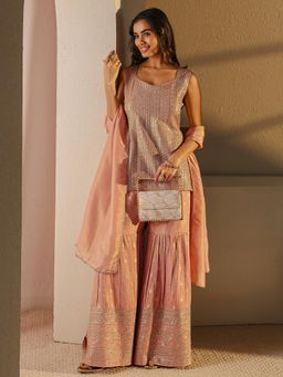 Libas Art - Peach Floral Zari Embellished Kurti And Embellished Sharara With Solid Dupatta