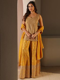 Libas Art - Mustard Floral Zari Embellished Kurti And Embellished Sharara With Solid Dupatta