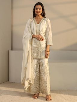 Libas Art - Off White Floral Zari Embroidered Kurta With Embroidered Palazzo And Solid Dupatta