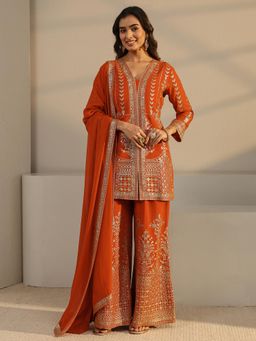 Libas Art - Rust Floral Zari Embroidered Kurta With Embroidered Palazzo And Solid Dupatta