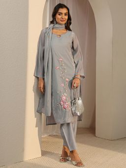 Libas - Grey Floral Embroidered Straight Kurta With Lining & Pant & Solid Dupatta
