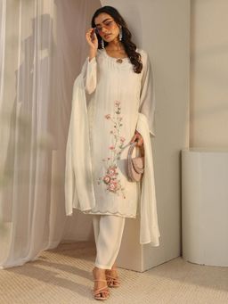 Libas - Off White Floral Embroidered Straight Kurta With Lining & Pant & Solid Dupatta