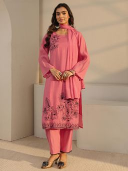 Libas - Coral Floral Embroidered Straight Kurta With Lining & Pant & Solid Dupatta