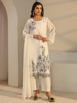 Libas - Off White Floral Embroidered Straight Kurta With Lining & Pant & Solid Dupatta