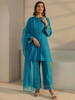 Libas - Blue Solid Straight Kurta With Palazzo & Dupatta
