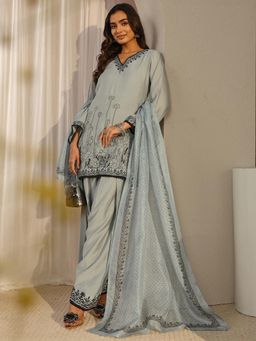 Libas - Grey Embroidered Kurta With Salwar & Printed Kota Dupatta
