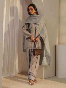 Libas - Taupe Embroidered Straight Kurta With Salwar & Printed Kota Dupatta