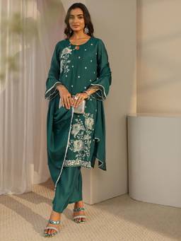 Libas - Green Floral Embroidered Straight Kurta Lining & Pant With Dupatta