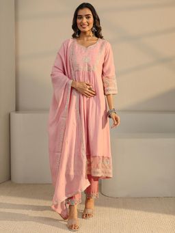 Libas - Pink Floral Yoke Design Pleated A-Line Kurta With Pant & Embroidered Dupatta