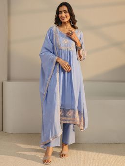 Libas - Blue Floral Yoke Design Pleated A-Line Kurta With Pant & Embroidered Dupatta