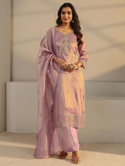 Libas - Purple Floral Zari Embroidered Straight Kurta With Lining & Pant With Dupatta