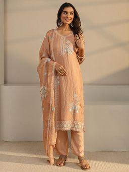 Libas - Rust Floral Thread Work Embroidered Straight Kurta With Lining & Pant With Dupatta