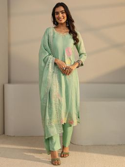 Libas - Green Floral Thread Work Embroidered Straight Kurta With Lining & Pant With Dupatta