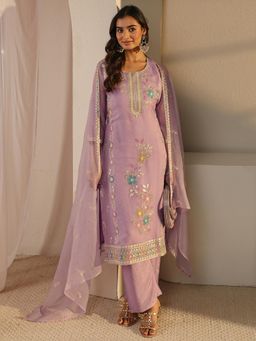 Libas - Purple Embroidered Straight Kurta With Pant & Dupatta