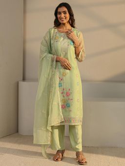 Libas - Green Floral Thread Work Embroidered Straight Kurta With Lining & Pant With Dupatta