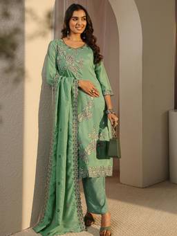 Libas - Green Floral Thread Work Embroidered Straight Kurta Lining & Pant With Dupatta
