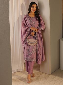 Libas - Mauve Floral Thread Work Embroidered Straight Kurta With Lining & Pant With Dupatta